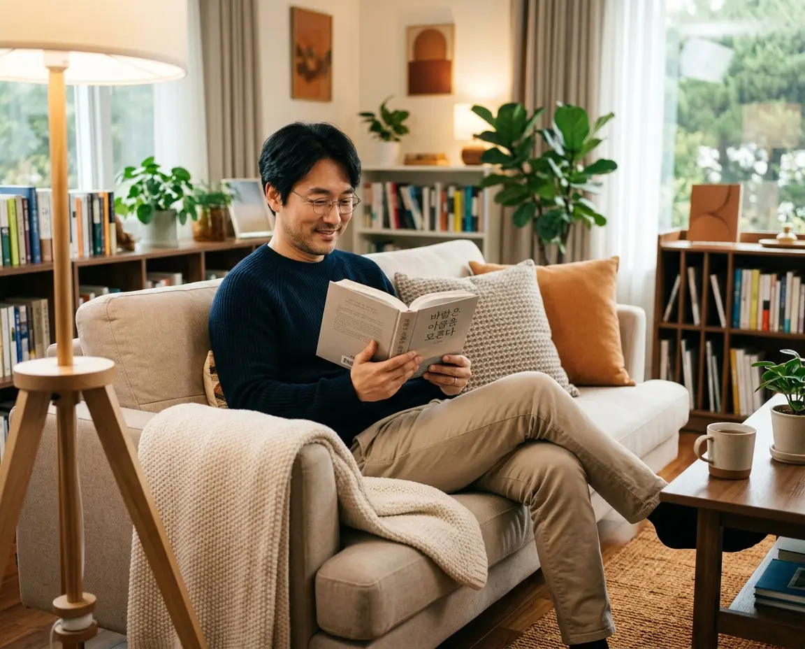 소파 앞쪽으로 완벽하게 배치된 다운라이트 아래에서 편안하게 책을 읽는 모습