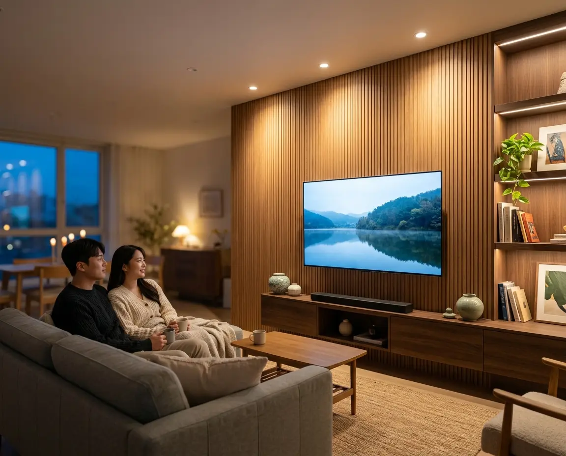 눈부심 없이 부드러운 빛으로 채워진 거실 TV 아트월 공간