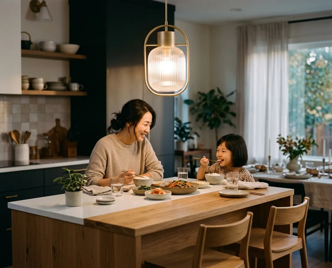 아일랜드 식탁 위에 설치된 세련된 펜던트 조명